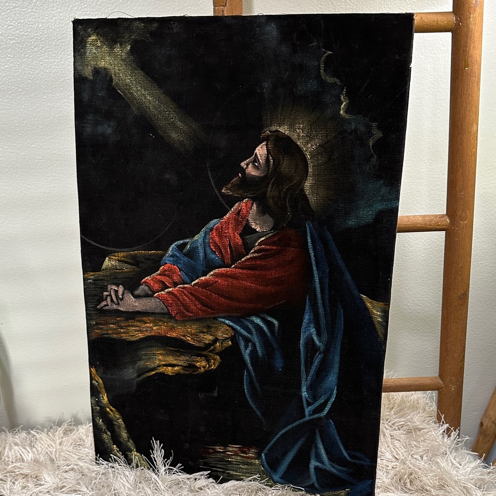 Vintage Jesus‎ Praying Black Velvet Unframed Religious Painting